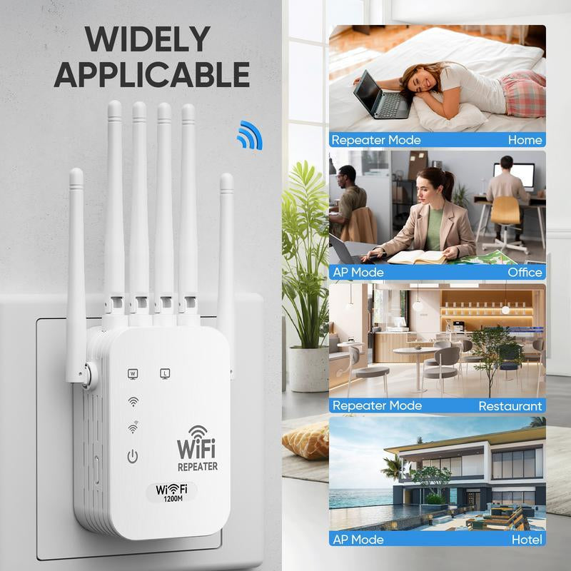Extensor WiFi de Doble Banda de 1200Mbps con 6 Antenas de Alta Ganancia – Amplificador y Repetidor de Señal WiFi, Compatible con Modo Repetidor/AP, Conversión Cableado-Inalámbrico, Elimina Zonas Muertas para Hogar y Oficina con Puerto Ethernet