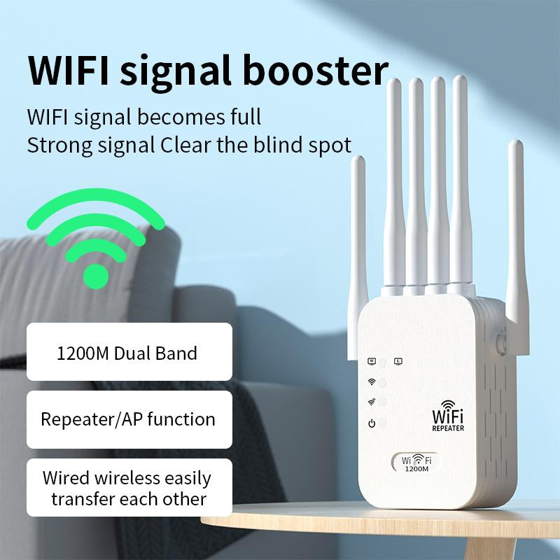 Extensor WiFi de Doble Banda de 1200Mbps con 6 Antenas de Alta Ganancia – Amplificador y Repetidor de Señal WiFi, Compatible con Modo Repetidor/AP, Conversión Cableado-Inalámbrico, Elimina Zonas Muertas para Hogar y Oficina con Puerto Ethernet