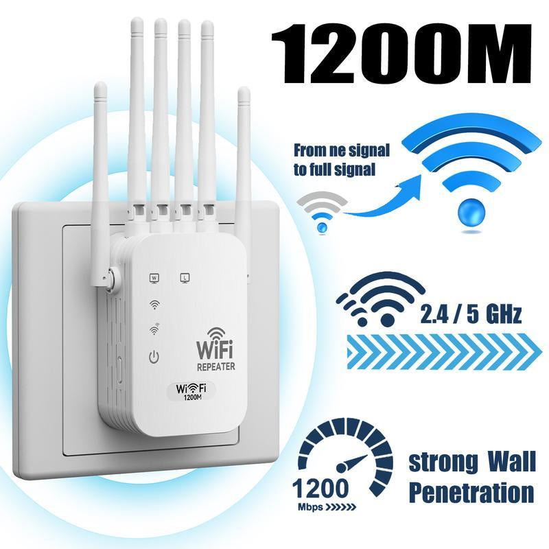 Extensor WiFi de Doble Banda de 1200Mbps con 6 Antenas de Alta Ganancia – Amplificador y Repetidor de Señal WiFi, Compatible con Modo Repetidor/AP, Conversión Cableado-Inalámbrico, Elimina Zonas Muertas para Hogar y Oficina con Puerto Ethernet
